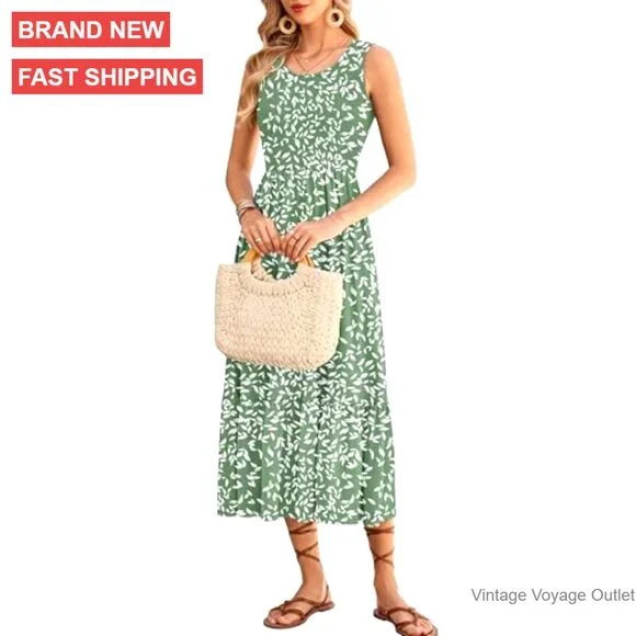 Sleeveless Maxi Dress Smocked Empire Waist Tiered Pockets Summer Sundress